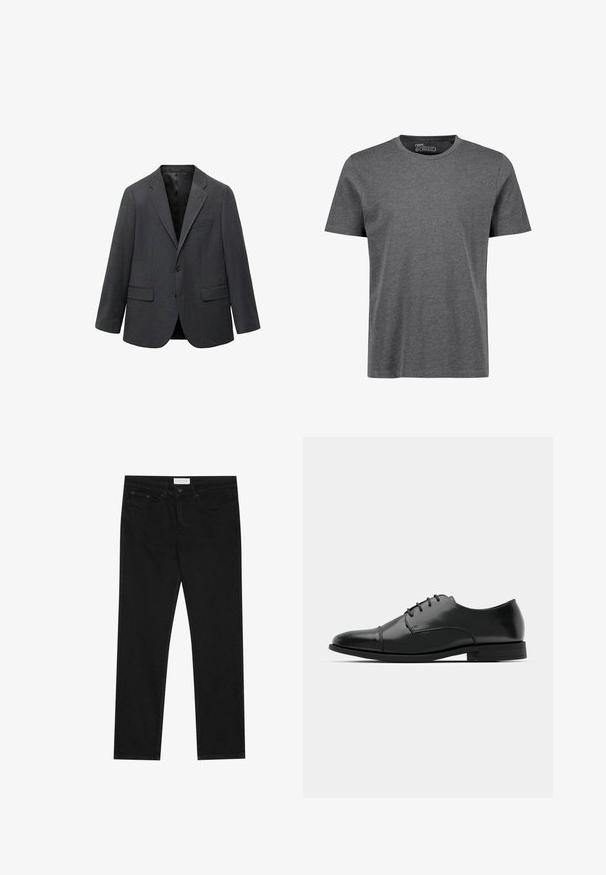 Tummanharmaa yksirivinen miesten bleiseri, jossa on terävät läpät, kaksi etupistettä, yksi rintatasku ja musta vuori.; Harmaa, säännöllisesti istuva lyhythihainen T-paita, joka on valmistettu pehmeästä kankaasta. Siinä on pyöreä kaula-aukko ja olkasaumoissa vain minimaalista ompelutietoa.; Mustat suorat farkut, joissa on viisi taskua, napilla ja vetoketjulla varustettu sulkeminen, sekä Pier One -brändilogo vyötärölle.; Musta nahkakengät, joissa on pyöristetty varvas, nauhakiinnitys, hienovaraiset ompeluyksityiskohdat ja matala korko. Sujuva pinta kiillotetulla viimeistelyllä.