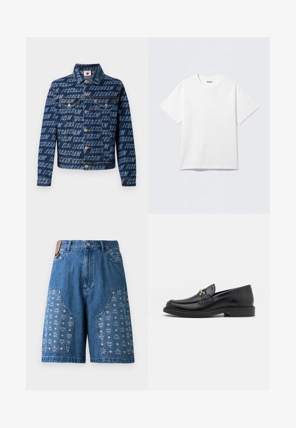 Tamsiai mėlynas džinsinis švarkas su pakartotiniu "ICECREAM" tekstu, mygtukų uždarymu, dviem krūtinės kišenėmis ir klasikinio stiliaus apykakle.; Baltas trumpomis rankovėmis medvilninis marškinėlis, su apvalia kaklo iškirpte ir laisvu kirpimu. Audinys yra lygus ir vientisos tekstūros.; Mėlynos džinsinės šortai su raštuotais intarpais, išryškinančiais logotipų motyvus, kišenėmis su aplikacijomis ir klasikiniu liemeniu su metaliniu sagčių uždarymu.; Juodos odinės loafer tipo bateliai su apvaliuku, su auksinėmis detalėmis ir siuvinėjimo akcentais, įrengti ant žemos, tekstūruotos gumos pado.