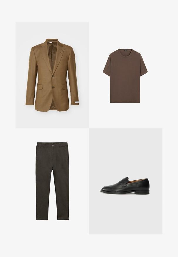 Hnědý strukturovaný blejzr s klopovými límci, dvěma předními kapsami, dvěma knoflíky a hladkou podšívkou. Přiléhavý střih a moderní design.; Hnědé bavlněné tričko s kulatým výstřihem a krátkým rukávem. Jednoduchý design s rovnoměrnou strukturou a uvolněným střihem. Bez vzorů nebo akcentů.; Tmavě šedé kalhoty rovného střihu s poutky na pás, bočními kapsami a knoflíkovým zapínáním v pase.; Černé kožené mokasíny s kulatou špičkou, jemným prošíváním a nízkým podpatkem, s hladkým povrchem a minimalistickým designem.