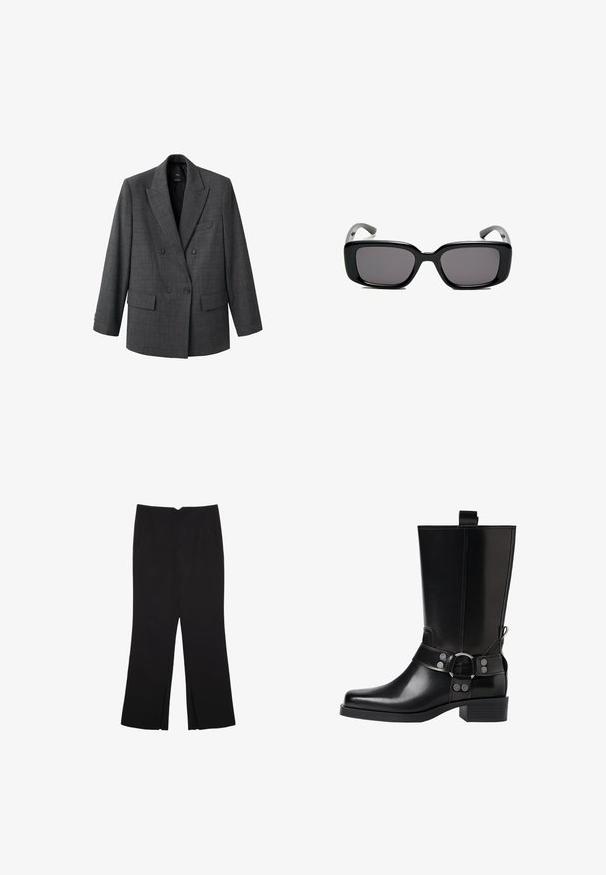 Blazer grigio doppiopetto con motivo a quadri. Presenta rever a punta, due tasche frontali e polsini abbottonati. Il tessuto ha una texture liscia.; Due magliette a maniche lunghe: una nera e una bianca. Entrambe presentano un collo rotondo e una texture liscia e a coste. Etichetta del marchio visibile all'interno del collo.; Pantaloni neri a gamba dritta, con tasche frontali e spacchi laterali all'orlo. Realizzati in tessuto morbido e liscio. Adatti a diverse occasioni.; Stivale in pelle nera alto fino al ginocchio con punta affusolata, dettagli in argento e tacco largo. Presenta un inserto per facilitare l'indossamento.; Occhiali da sole neri rettangolari con lenti scure, montatura in plastica liscia e tempie curve. Il design è voluminoso con un'estetica minimalista.