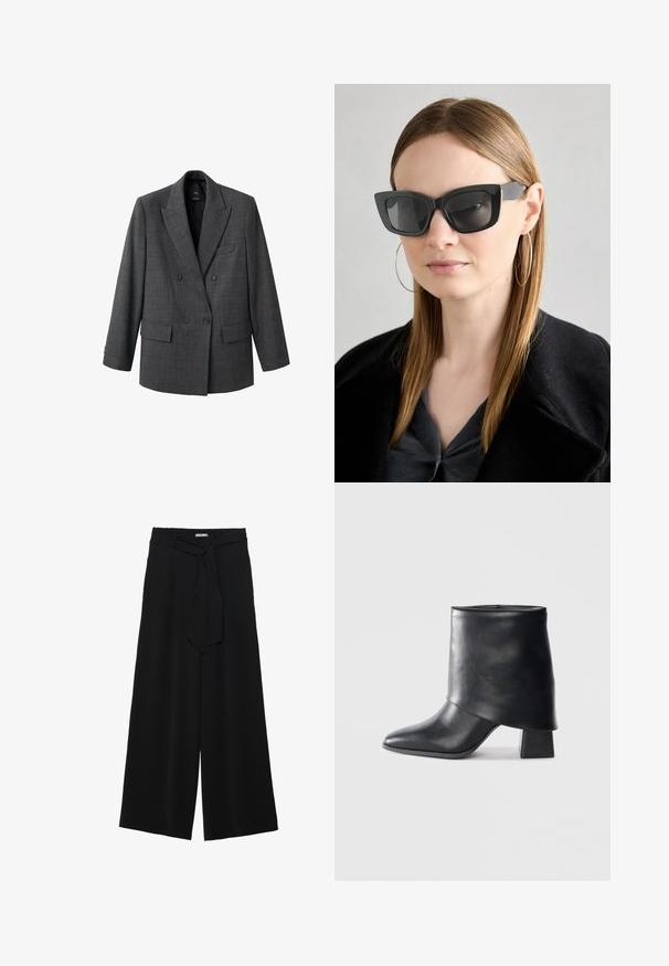 Gray double-breasted blazer with a checkered pattern. Features peaked lapels, two front pockets, and buttoned cuffs. Fabric has a smooth texture.; Black long-sleeve top featuring gathered fabric detail at the front and wrists, made of soft, stretchy material with a boat neckline.; Black wide-leg pants featuring a textured fabric, an elastic waistband, and a detachable sash tie at the waist for adjustable fit.; Black leather ankle boot with a pointed toe, smooth texture, and a structured block heel. Features a high, folded cuff design.; Black cat-eye sunglasses with dark lenses, thick frames, and subtle accents. Worn with a black coat and gray top, featuring long straight hair.