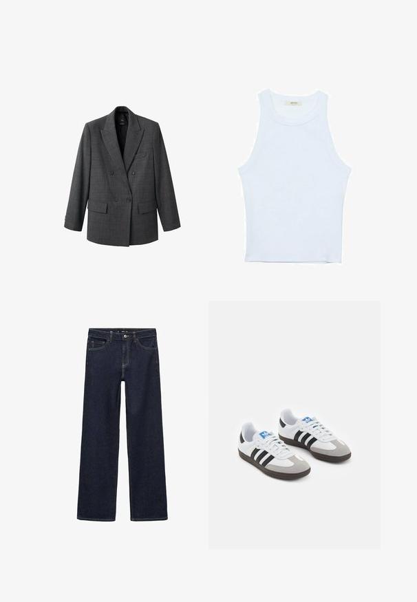 Šedý dvojradový blejzer s kari vzorom. Má špicaté klopy, dve predné vrecká a manžety na gombíky. Tkanina má hladkú textúru.; Biele tielko, rebrový textúra, okrúhly výstrih, bezrukávový dizajn, priliehavý strih, diskrétne logo na štítku vo vnútri oblasti goliera.; Tmavé džínsy s voľným strihom. Majú vysoký pás, päť vreciek a kontrastné švy. Priamy strih, bez zdobenia.; Športové topánky s bielym koženým zvrškom, šedou semišovou špičkou a tromi čiernymi pruhmi. Obsahujú modré logo na jazyku a štruktúrovanú gumovú podrážku.