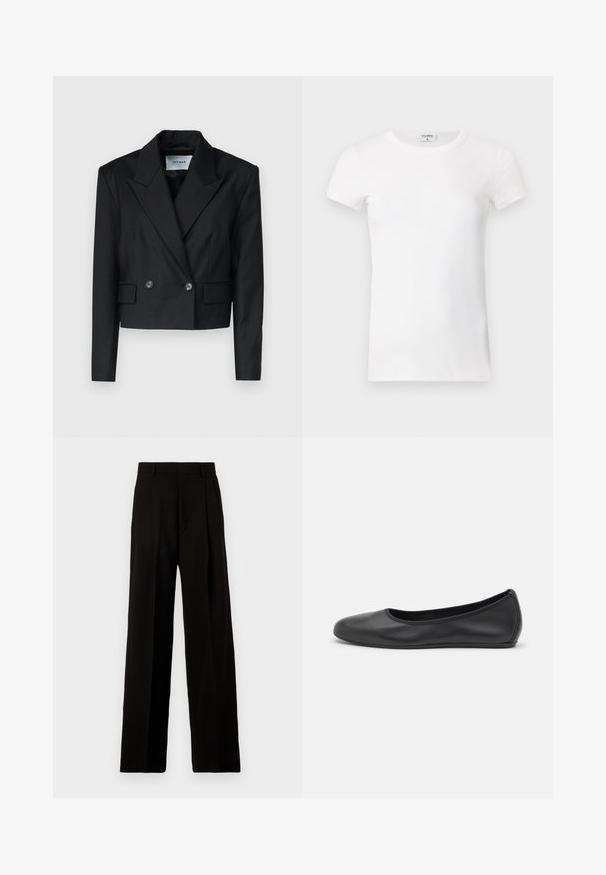 Blazer corto negro con diseño de doble botonadura, cuello con muesca, dos botones y dos bolsillos frontales. Tejido texturizado, silueta estructurada.; Camiseta blanca de manga corta y con cuello redondo, de tejido acanalado. La tela parece suave y tiene una silueta ajustada. Etiqueta de marca visible en el cuello.; Pantalones de pierna ancha negros, confeccionados en una tela suave, con una cintura alta, pliegues frontales y un diseño limpio y estructurado sin adornos.; Bailarina de piel negra con punta redondeada, textura suave, detalle de costura minimalista y diseño de suela flexible.