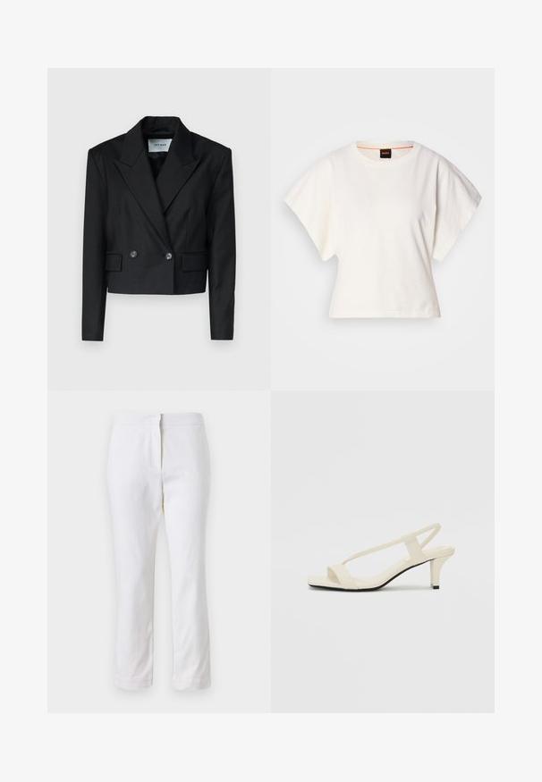 Musthave mustaga kapuutsiga kahe nupuga ja kahe esikotiga. Tekstureeritud kangas ja struktureeritud siluett.; Valge lühikeste laiadte varrukatega lühike T-särk, pehme puuvillane materjal, ümar kaelus kergelt oranži ääristusega, minimaalne disain, ilma mustrite ja graafikateta.; Valged puuvillased püksid sirge lõikega, keskmise kõrgusega vöökoht ja ilma nähtavate detailide või mustriteta. Ühtlane sile tekstuur.; Beez blok-kandadesed õhukeste rihmadega ja ruudukujulise varbaga. Sile materjal minimaalsete detailidega, kujundatud mugavaks kandmiseks.