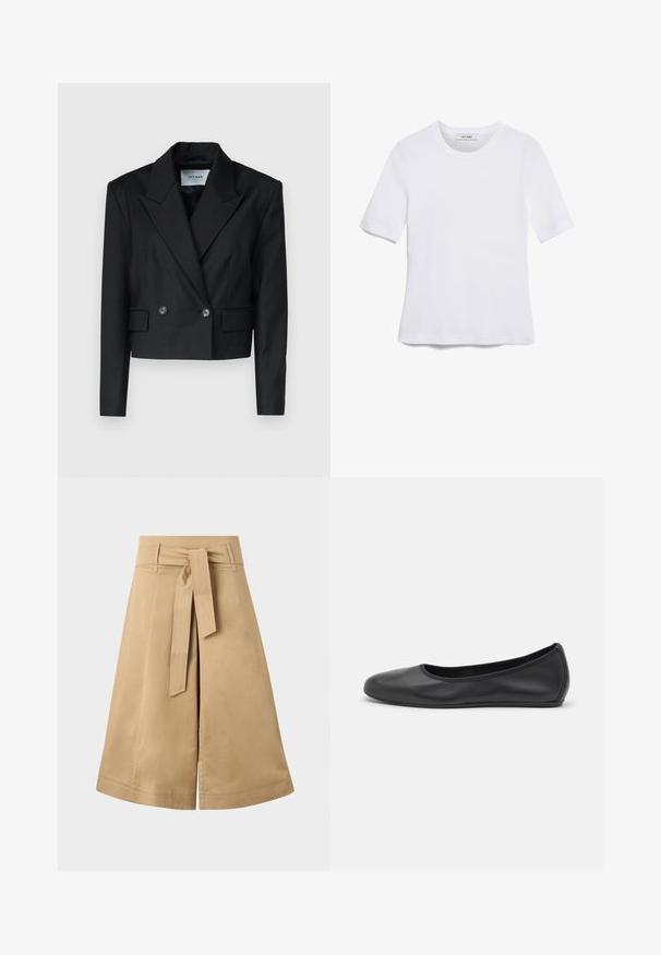 Svart cropped blazer med dobbeltspent design, skrå krage, to knapper og to frontlommer. Strukturert stoff, definert silhuett.; Hvit kortermet t-skjorte laget av ribbestrikket materiale. Rund hals, vanlig passform og subtile sømdetaljer. Ingen mønstre eller grafikk.; Kaki midi omslagskjørt med bånd i midjen, laget av lett bomull, med en utpreget silhuett og synlige sømdetaljer.; Svart skinnballettflatt med rund tå, glatt tekstur, minimal sømdetalj, og et fleksibelt såledesign.