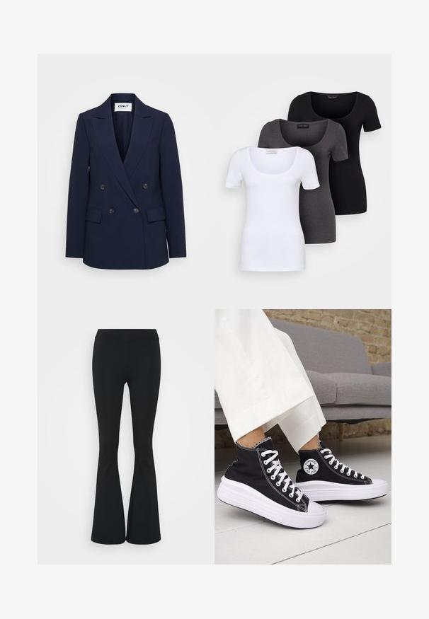 Navy blue double-breasted blazer with notch lapels, two front pockets, and black buttons on the front. Made from textured fabric.; Three fitted T-shirts in white, gray, and black. Each features a wide scoop neckline and short sleeves. Made from smooth, stretchy fabric.; Black flared pants made of stretchy fabric, featuring a high waistband and a smooth texture. The pants flare out from the knee.; Black high-top sneakers with white rubber soles and laces. Features a round logo patch and contrasting white stitching. Canvas material.