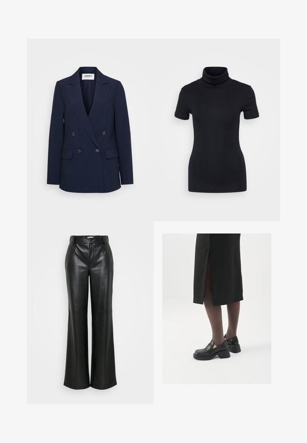 Mornarško modra dvoredna blazer jakna z režnami klopi, dvema sprednjima žepoma in črnimi gumbi spredaj. Narejena iz teksturiranega blaga.; Črna rebrasta majica s turtleneck ovratnikom, kratkimi rokavi, prilegnjenim dizajnom, mehkimi vlakni, minimalnimi šivi in visokim ovratnikom.; ONLY Tall ONLSMOOTH WIDE - Hlače - black; Črne usnjene čevlje s zaobljenim prstom, debelim blokastim petama in elastičnimi stranskimi detajli, v kombinaciji s temno nogavicami in črno krilo z razporkom.