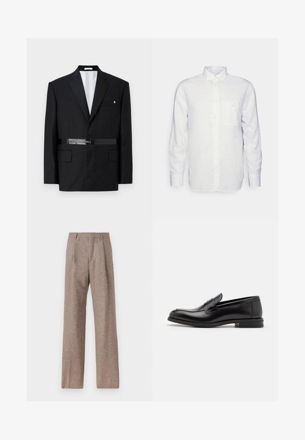 Blazer noir ajusté avec une coupe slim, épaules structurées, détail de ceinture en satin et deux poches avant. Intérieur doublé en blanc.; Chemise blanche à manches longues en coton, avec un col à rabat, une poche avant et une coupe régulière. Tissu texturé avec une surface lisse.; Pantalons marron taille haute en tissu texturé. Présente des jambes larges et deux plis avant pour la structure. Finition soignée sans matériel visible.; Mocassins en cuir noir avec une texture lisse, bout rond et une sangle décorative sur le dessus. Talon bas empilé, design minimaliste.
