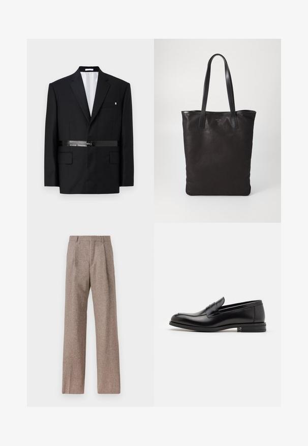 Black tailored blazer with a slim fit, structured shoulders, satin belt detail, and two front pockets. Lined interior in white.; White button-up shirt with a collar, featuring subtle vertical stripes, long sleeves, a chest pocket, and classic rounded hem.; Brown, high-waisted trousers made of textured fabric. Features wide legs and two front pleats for structure. Neat finish with no visible hardware.; Black leather loafers with a smooth texture, rounded toe, and a decorative strap across the vamp. Low stacked heel, minimalist design.; Black canvas tote bag with black leather handles. Simple design, spacious body, and a smooth texture. No visible logos or patterns.