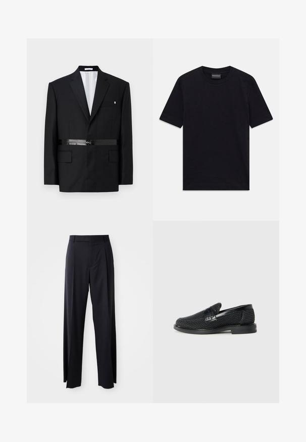 Blazer nero su misura con vestibilità slim, spalle strutturate, dettaglio della cintura in satin e due tasche frontali. Interno foderato di bianco.; T-shirt nero a maniche corte con colletto tondo, con un sottile motivo in rilievo e etichetta del marchio all'interno del colletto, adagiato su uno sfondo bianco.; Pantaloni neri a vita alta con gamba larga, realizzati in tessuto liscio. Presentano pieghe frontali e passanti per cintura. Design minimalista, senza hardware visibile.; Scarpa nera a mocassino intrecciata con un accentuato in pelle liscia sulla parte superiore, design a punta rotonda e suola in gomma a profilo basso.
