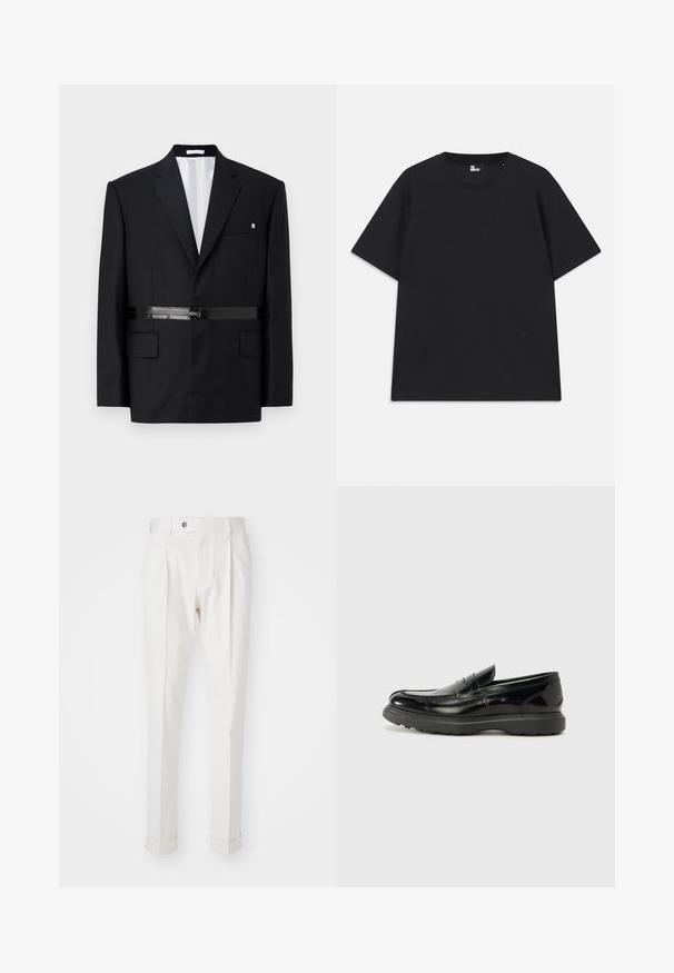 Blazer noir ajusté avec une coupe slim, épaules structurées, détail de ceinture en satin et deux poches avant. Intérieur doublé en blanc.; T-shirt noir à manches courtes en coton, avec un col rond et un petit logo près de l'ourlet. Texture lisse, coupe régulière.; Pantalons blancs sur mesure avec un devant plat, deux plis et des ourlets roulés. Fabriqués dans un tissu lisse avec une fermeture à bouton à la taille.; Mocassin en cuir noir avec une finition brillante, bout arrondi, détails de couture subtils et semelle en caoutchouc épaisse pour la durabilité.