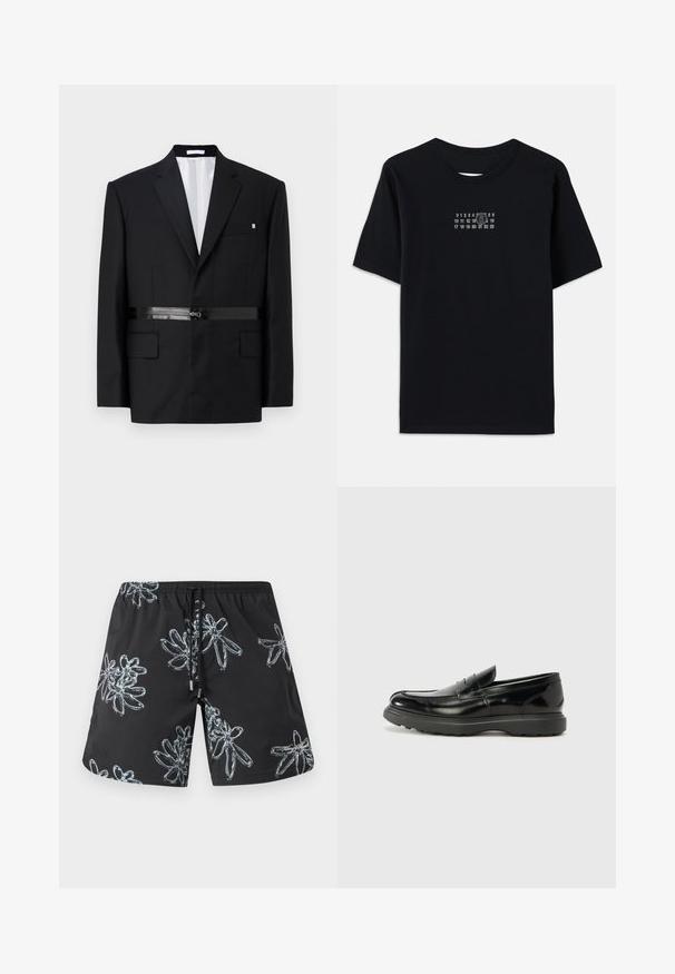 Musta räätälöity bleiseri, slim fit -mallilla, rakenteellisilla hartioilla, satiinivyöllä ja kahdella etutaskulla. Valkoinen vuori.; Musta puuvillane t-särk lühikeste varrukatega ja ümmarguse kaelusega. Rinnal on valge numbriline trükk stiiliseeritud '6'-ga.; Mustat uimapöksyt, joissa on kiiltävä vaaleanharmaa kukkakuosi. Elastinen vyötärö, jossa on nyöri ja logot yksityiskohtana oikeassa alareunassa.; Mustat nahkakengät, joissa on kiiltävä pinta, pyöreä kärki, huomaamaton ompelu ja paksu kumipohja kestävyyttä varten.