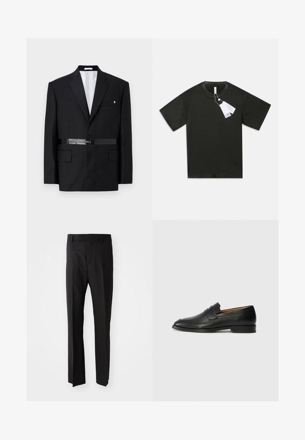 Blazer nero su misura con vestibilità slim, spalle strutturate, dettaglio della cintura in satin e due tasche frontali. Interno foderato di bianco.; Maglietta a maniche corte nera in cotone con scollatura rotonda e etichette bianche attaccate al colletto su uno sfondo bianco semplice.; Pantaloni neri con una vestibilità dritta, realizzati in tessuto liscio, dotati di un cintura con passanti e tasche laterali. Senza motivi o accenti visibili.; Mocassino in pelle nera con punta arrotondata, dettagli cuciti sottili e tacco basso, caratterizzato da una texture liscia e un design minimalista.