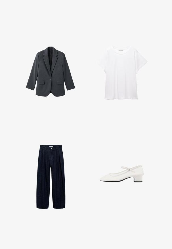 Siv plašč s karo vzorcem, enojnim gumbom, izrezanimi ovratniki, dvema sprednjima žepoma in gladkim notranjim podlogo. Klasičen krojen fit.; Bela majica s kratkimi rukavi, izdelana iz mehkega in lahkega blaga. Ima okroglo ovratnico ter kratke, široke rokave z udobnim krojem. Brez vidnih vzorcev.; Temne traper hlače širokega kroja z naborki na pasu, z sprednjim gumbom in zankami za pas. Gladka tekstura in dolga zasnova.; Bele patent usnjene Mary Jane čevlje z zaokroženim prstom, srednje visokim debelim petam in prilagodljivim trakom s srebrno zaponko.