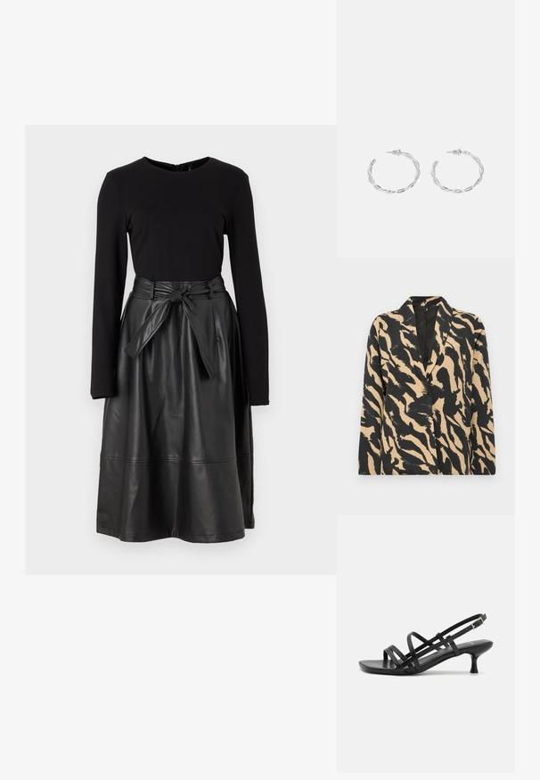 Mustmust ja beež mustriga bleiser, millel on nurgeline krae ja üksikud nööbid, valmistatud tekstureeritud kangast, mis sisaldab julget loomamustrit.; Must have pikka mustade pikade varrukatega top ja must faux nahast seelik, millel on sidumisvöö ja sile, läikiv tekstuur.; Mustad musta kandaga sandaalid, millel on mitmed risti minevad rihmad. Sile materjal, terav nina ja kitsas konts. Reguleeritav pahkluuri rihm klambriga.; Must haben musta nahkklahviga kott, millel on klapp ja kuldne metallist pandla detail. Kaasas must rihm ja stiilne, minimalistlik disain.; Hõbedased rõngaskõrvarõngad keerutatud disainiga, millel on poleeritud viimistlus ja posti-tagune sulgemine. Diameeter umbes 3 cm.