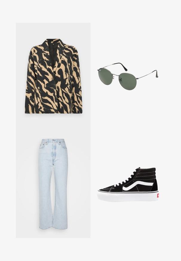 Black and beige patterned blazer with a notched collar and single button closure, made from a textured fabric featuring a bold animal print.; Two sleeveless tops in black and white, made of ribbed cotton, featuring round necklines and a fitted design. Labels visible on both.; Light blue high-waisted jeans with flared legs, crafted from denim with a faded texture. Features five pockets and metal hardware accents.; Black high-top sneakers with white laces, a white logo, and contrasting white stitching. Features a thick white sole and textured suede upper.; Metal-framed sunglasses with oval green lenses. Thin silver metal frame and black ear tips. Minimalist design, no visible logos.