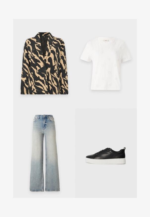 Blazer de patrón negro y beige con solapa y cierre de un solo botón, hecho de una tela texturizada que presenta un audaz estampado de animal.; Camiseta de algodón blanca con mangas cortas que presenta motivos de flores bordados. Cuello redondo, corte relajado y textura suave.; Jeans de mezclilla de tiro alto y pierna ancha en color azul claro, con cinco bolsillos y costuras visibles a lo largo de las costuras.; Zapatilla baja de cuero negra con cordones negros y suela gruesa de goma blanca, vista desde el lado exterior sobre un fondo blanco.
