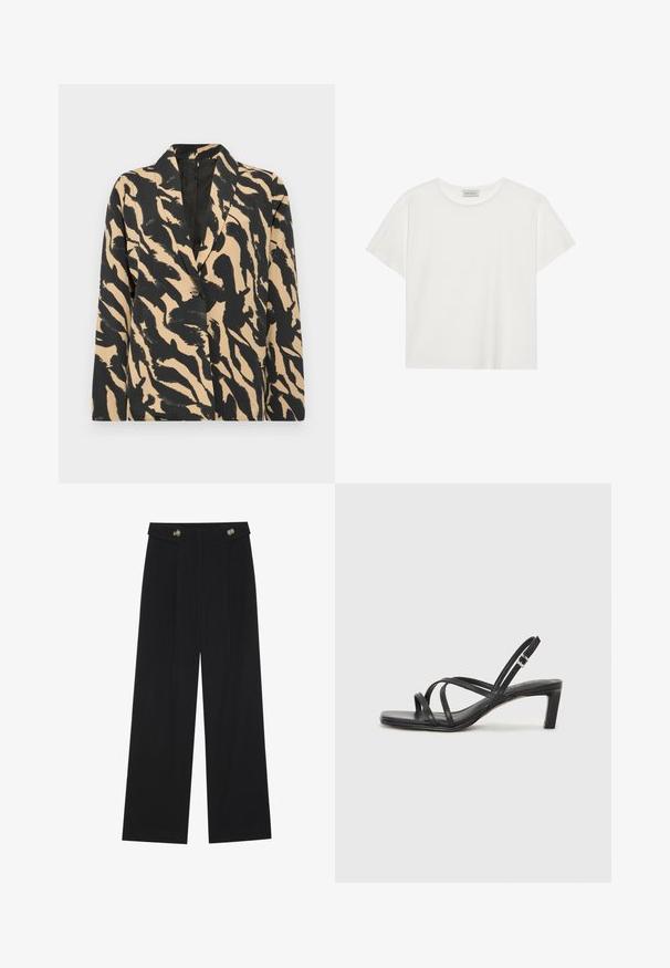 Černá a béžová blazer s vzorem, s klopovým límcem a zapínáním na jeden knoflík, vyrobený z texturované látky s výrazným zvířecím vzorem.; Bílé tričko s krátkým rukávem vyrobené z měkké bavlny. Má kulatý výstřih a volný střih. Čistý design bez viditelných vzorů nebo akcentů.; Černé široké kalhoty s vysokým pasem, detailní knoflíky na pase a přední záhyby.; Černé sandály na tenkém podpatku se čtveratou špičkou a nízkým blokovým podpatkem. Mají několik tenkých popruhů a nastavitelné zapínání okolo kotníku. Vyrobeny z hladké kůže.
