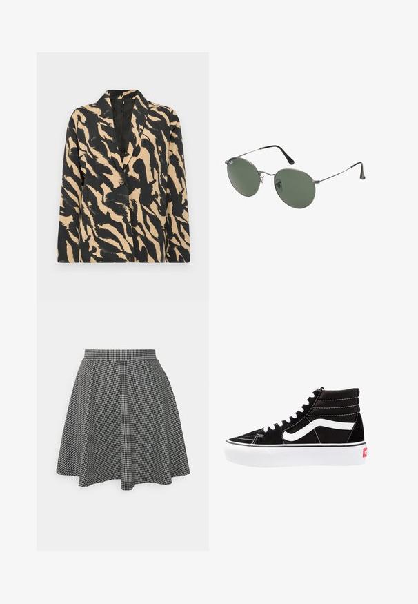 Fekete és bézs mintázatú blézer, tűzött gallérral és egy gombos záródással, texturált anyagból készült, élénk állatmintával.; Fekete bordás crop tank top kerek nyakkivágással és ujjtalan dizájnnal. Puha, rugalmas anyagból készült, tiszta, lekerekített szélű részletekkel.; Fekete-fehér kockás korcsolyás szoknya, fitted derékrésszel és bővülő alsó résszel, textúrált anyagból készült, amely klasszikus mintázatot mutat.; Fekete magasszárú sportcipők fehér fűzővel, fehér logóval és kontrasztos fehér varrással. Vastag fehér talppal és texturált velúrból készült felsőrész jellemzi.; Fémkeretes napszemüveg ovális zöld lencsékkel. Vékony ezüst színű fémkeret és fekete fülrész. Minimalista dizájn, látható logók nélkül.