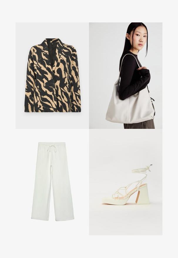 Blazer nero e beige con motivo a fantasia, colletto a labbro e chiusura con un bottone, realizzato in un tessuto strutturato con una vivace stampa animale.; T-shirt bianco a maniche corte realizzato in cotone. Presenta un collo tondo e una vestibilità rilassata. Texture liscia senza motivi o dettagli visibili.; Pantaloni bianchi a gamba larga realizzati in un tessuto morbido. Presentano un elastico in vita con cordino e una consistenza liscia. Senza motivi visibili o accessori.; Sandalo bianco con tacco alto, caratterizzato da un design a cinturini e un legaccio alla caviglia. Texture liscia con una piattaforma frontale per un'altezza aggiuntiva.; Borsa a mano beige realizzata in materiale morbido, caratterizzata da un design morbido, dettagli cuciti e due manici. Adatta per l'uso quotidiano.