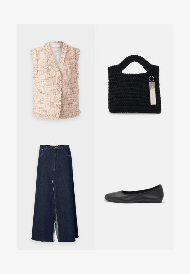 Beige tweed vesta s texturovaným povrchem, s výstřihem do V, bez rukávů a s knoflíkovými detaily vpředu a na kapsách.; Černá blůza s kulatým límcem, která má průsvitné krajkové panely, volánkové detaily a texturované vzory. Dlouhé rukávy s elastickými manžetami.; Tmavě modrá džínová dlouhá sukně s předním rozparkem. Obsahuje tradiční design s pěti kapsami a viditelné švy. Lem je roztrhaný.; Černé kožené baletní byty s kulatou špičkou, hladkou texturou, minimálními švy a flexibilním designem podrážky.; Won Hundred MARSIELLE COMPUTER BAG UNISEX - Taška na laptop - black