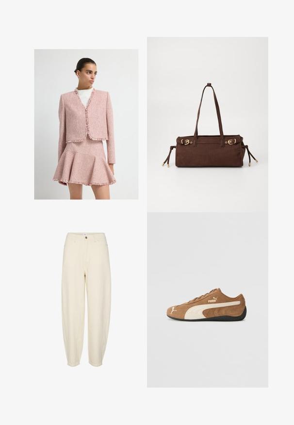 Květovaná růžová tweedová bunda s třásněmi, boxovým střihem a rozšířenou mini sukní, která má texturovaný vzor a dlouhé rukávy.; béžový pletený svetr s vysokým límcem, půl zips a rukávy s klesajícími rameny. Má vroubkovaný lem a manžety.; Světle béžové bavlněné kalhoty s volným střihem, zúženými nohavicemi, předními kapsami a jedním knoflíkem na zapínání v pase.; Hnědé semišové nízké tenisky s krémovými akcenty, texturovaným povrchem, černou gumovou podrážkou a vyšívaným logem na boku a jazyku.; Hnědá semišová taška přes rameno se dvěma ramenními popruhy, zlatými kovovými detaily a nastavitelnými bočními stahovacími šňůrkami. Obsahuje zipové uzavření a hladký povrch.
