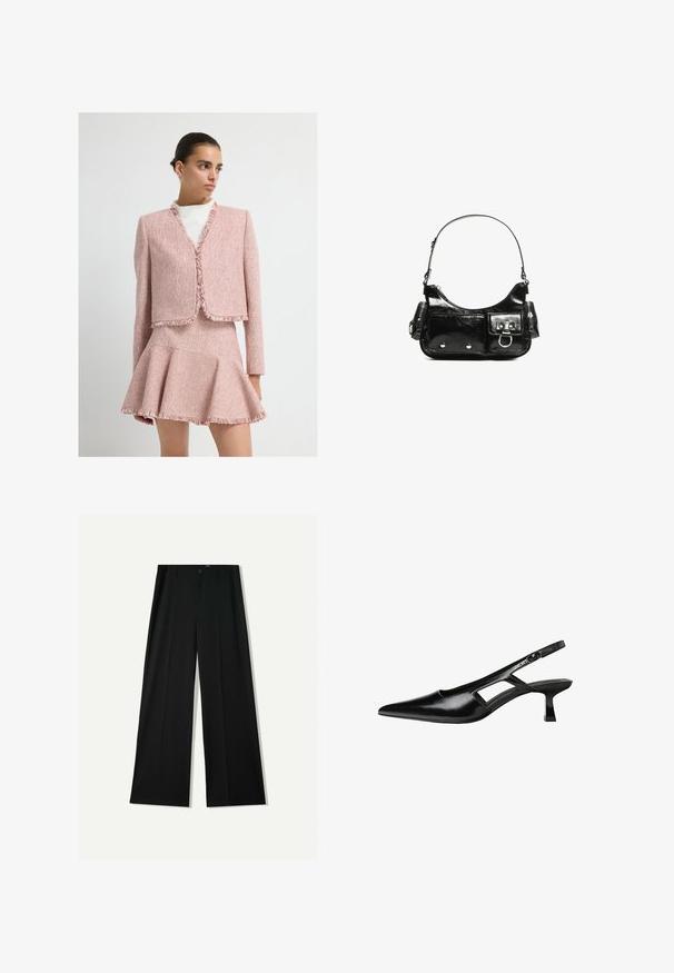 Slidt pink tweedjakke med en boxy pasform og en flared mini-nederdel, der har et struktureret mønster og lange ærmer.; Sort langærmet cropped top med rund halsudskæring, ensfarvet design og let buet kant.; Bershka WIDE - Bukser - black; Sorte patentlæder slingback hæle med spids tå, udskåret sideskærm og en lille firkantet hæl. Glat tekstur med minimale detaljer.; Sort patenteret læder håndtaske med en buet form, en skulderrem, frontlommer og hardware accenter i sølvfarve.