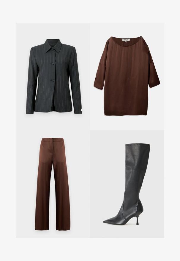 Black pinstriped blazer with a pointed collar, three buttons, and tailored fit. Features light blue stripes and a smooth texture.; Brown, loose-fitting blouse with a wide boat neck and three-quarter sleeves, made of smooth, textured fabric. Top features subtle wrinkles.; Brown wide-leg trousers made of smooth, lightweight fabric, featuring a flat front, no pockets, and a straight silhouette.; Knee-high black leather boots with a pointed toe and a slim stiletto heel. Smooth texture with a fitted design and stitching at the top edge.