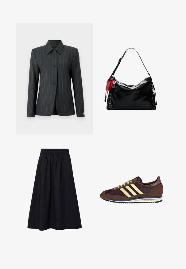 Zwarte blazer met krijtstreep, voorzien van een puntige kraag, drie knopen en een getailleerde pasvorm. Heeft lichtblauwe strepen en een gladde textuur.; Zwart top met korte mouwen, hoge halslijn en een relaxte pasvorm. Gemaakt van zachte stof met een gladde textuur. Geen zichtbare patronen of graphics.; Zwarte, knie-lange rok gemaakt van lichte stof. Voorzien van een elastische tailleband en een simpele, gladde textuur. Geen zichtbare patronen of versieringen.; Bruine en bordeauxkleurige sneaker van suede en mesh materiaal, met drie crèmekleurige strepen, een gemêleerd stof op de tong en een rubberen zool.; Zwarte leren handtas met een slouchy ontwerp, vetersluiting aan de zijkanten en een rode accentlabel. Heeft een lange verstelbare schouderriem.