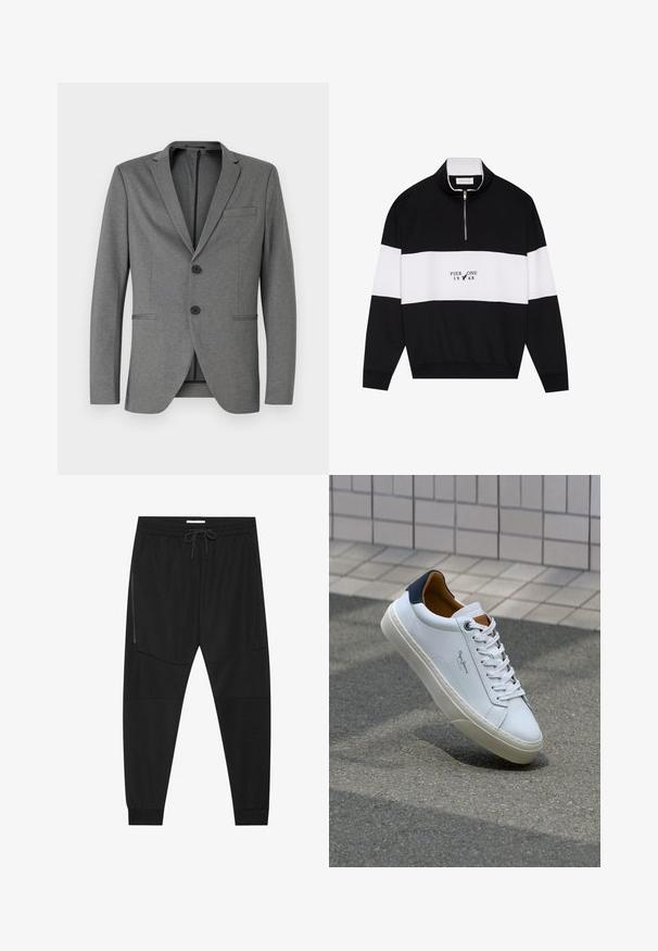 Gray blazer with two black buttons, notched lapels, and a single chest pocket. Made from textured fabric with a tailored fit.; Pier One Sweatshirt - jet black; Black athletic pants made of textured fabric, featuring an adjustable waistband, zippered side pocket, and tapered cuffs.; White leather sneaker with a navy heel, round toe, and contrasting brown accents. Features flat laces and textured rubber sole.