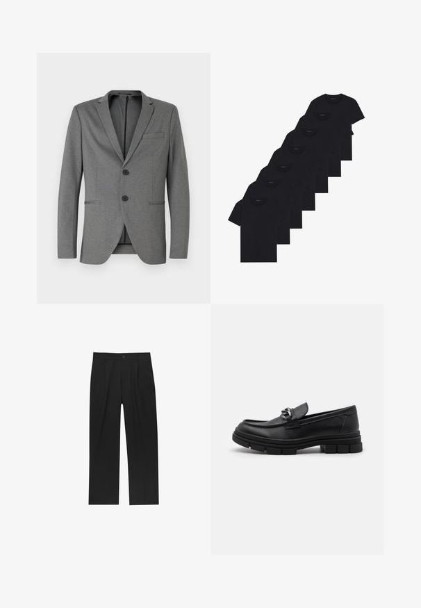 Sivý blejzer s dvoma čiernymi gombíkmi, so zúženým klopom a jedným náprsním vreckom. Vyrobený z textúrovanej látky s priliehavým strihom.; Sada ôsmich čiernych bavlnených tričiek s krátkymi rukávmi a okrúhlym výstrihom, s jednoduchým dizajnom a jemnou textúrou.; Čierne nohavice s rovnými nohavicami, vyrobené z hladkej tkaniny. Majú predné puky a jediné gombíkové zapínanie v páse.; Čierne kožené mokasíny s okrúhlym špičkou, dekoračným pásikom a kovovými prvkami, a robustnou textúrovanou podrážkou. Hladký povrch s jemnými detailami.