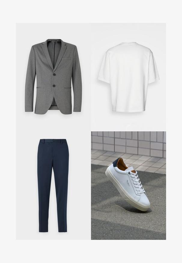Gray blazer with two black buttons, notched lapels, and a single chest pocket. Made from textured fabric with a tailored fit.; White, short-sleeved t-shirt with a round neckline, made from cotton. Simple design, no patterns or accents, viewed from the back.; Navy blue tailored trousers with a straight fit, featuring a button closure and belt loops. Made from smooth, lightweight fabric.; White leather sneaker with a navy heel, round toe, and contrasting brown accents. Features flat laces and textured rubber sole.