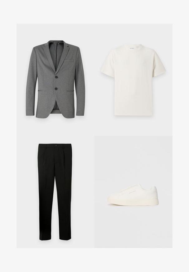 Gray blazer with two black buttons, notched lapels, and a single chest pocket. Made from textured fabric with a tailored fit.; White short-sleeve T-shirt in a ribbed texture. Round neckline, relaxed fit, no visible patterns or accents. Simple and versatile design.; Black tailored trousers with a flat front, two pleats, a button closure, side pockets, and a straight-leg cut. Made from a smooth fabric.; White slip-on sneakers with a textured surface, a thick sole, and minimalistic design. Features brand logo on the side.