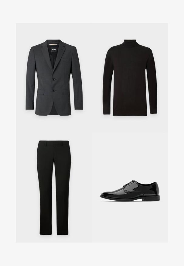 Temno sivi blazer z dvema gumboma, s poudarjenimi reverji in enim žepom na prsih, izdelan iz strukturirane tkanine. Podloženo notranjost krasi oznaka blagovne znamke.; Črna turtleneck pulover iz mehkega pletenega materiala. Ima dolge rokave in oprijet kroj z rebrastim ovratnikom in robom. Minimalno blagovno znamčenje.; Črne hlače z prilegajočim se krojem, ki imajo gladko teksturo in raven kroj. Pas ima zanke za pas in čist zaključek.; Črne lakirane usnjene čevlje z zaobljenim nosom, vezanjem in gladko, sijočo površino. Imajo nizko profilirano gumijasto podplat.