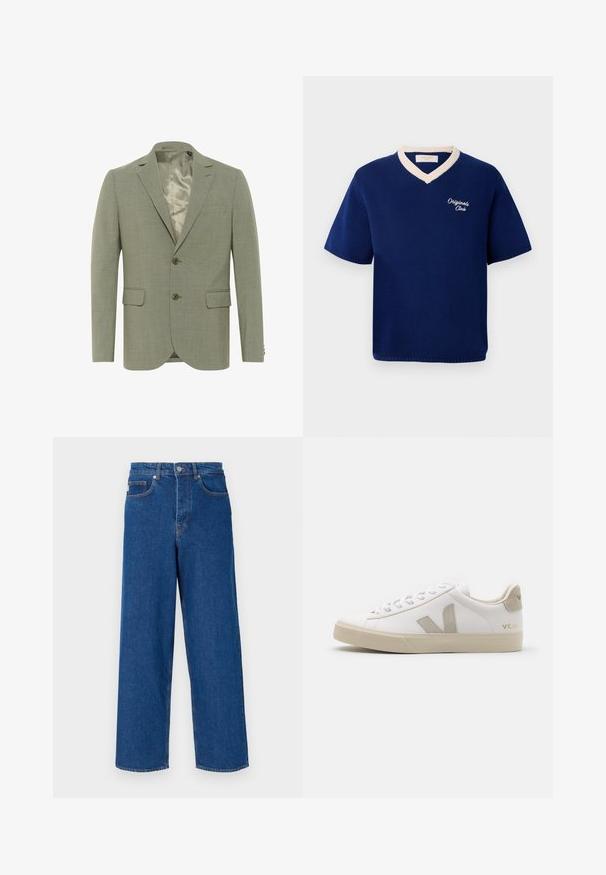 Svijetlozeleni sako s teksturiranim završetkom, jednostruko kopčanje, dva prednja džepa i satenska podstava. Sadrži dva gumba.; Tamno plava kratka majica s kratkim rukavima od pletenine s kremastim V-izrezom i izvezenim natpisom "Originals Club" na lijevoj strani prsnog koša.; Široke plave traperice od denima, s visokim strukom, dizajnom s pet džepova i kontrastnim šavovima duž šavova i džepova.; Bijele kožne tenisice s bež naglascima, ravnim gumenim potplatom, okruglim vrhom i kontrastnim logotipom s bočne i stražnje strane. Dizajn svezanja.