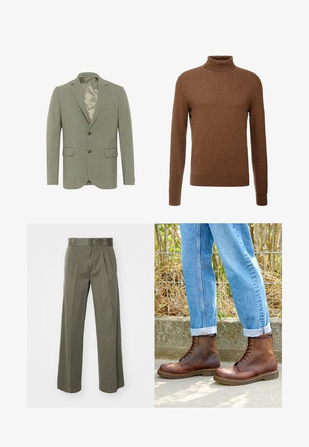 Világoszöld blézer struktúrált felülettel, egysoros kialakítással, két elülső zsebbel és selymes belső béléssel. Két gombbal rendelkezik.; Barna garbónyakú pulóver, puha anyagból készült, hosszú ujjakkal, bordás mandzsettákkal és testhezálló, észlelhető minták nélkül.; Olívazöld nadrág, laza, széles lábakkal és elülső redők kialakítással. Texturált anyagból készült, standard derékrésszel és látható fémalkatrészek nélkül.; Barna bőr bokacsizma sima textúrával, nyolc fűzőlyukkal és sárga varrással, amelyet feltekert kék farmernadrággal viselnek.