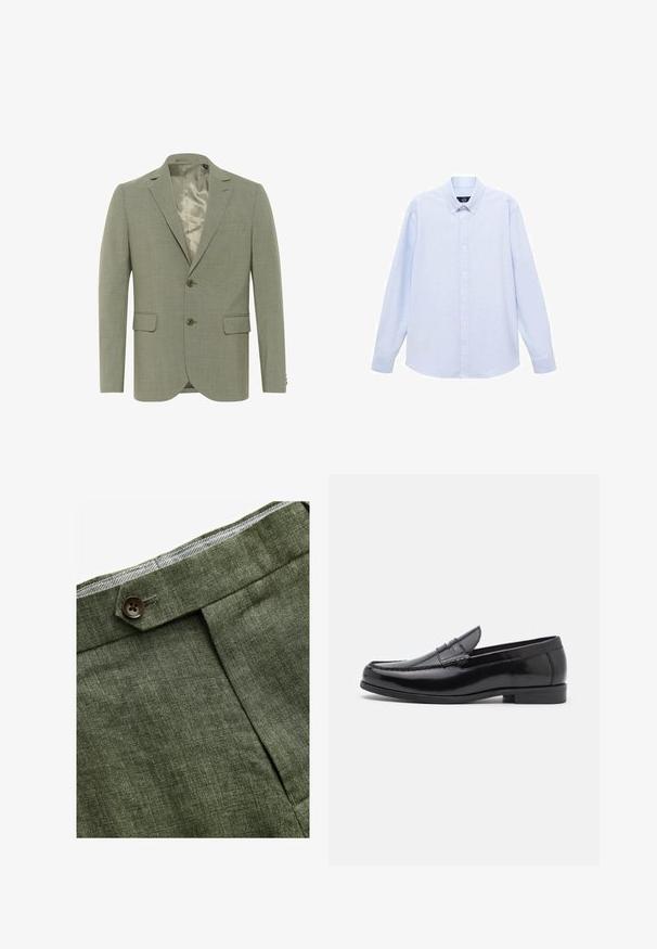 Blazer verde chiaro con finitura testurizzata, design monopetto, due tasche frontali e fodera interna in raso. Presenta due bottoni.; Camicia azzurra a maniche lunghe con colletto classico, orlo dritto e una trama sottile. Presenta una chiusura centrale con bottoni.; Pantaloni in lino verde oliva con piega frontale, dotati di chiusura con bottone e una fodera a quadretti a contrasto nella cintura.; Mocassini in pelle nera con punta arrotondata, cuciture decorative e tacco basso. Texture liscia con un leggero lucido. Design classico senza decorazioni.
