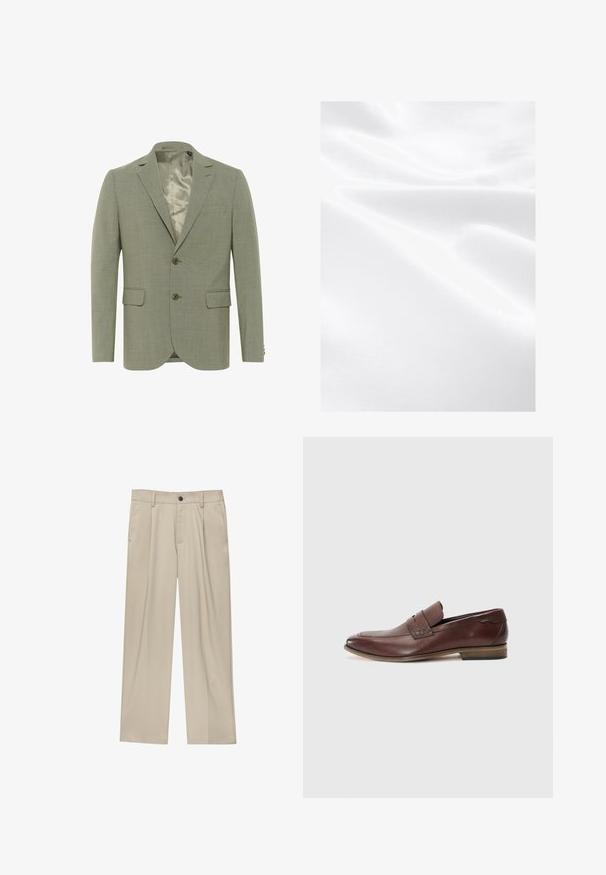Világoszöld blézer struktúrált felülettel, egysoros kialakítással, két elülső zsebbel és selymes belső béléssel. Két gombbal rendelkezik.; Fehér szövet sima textúrával, ráncokkal és finom fénylő felülettel, amely könnyű és puha anyagra utal.; Beige egyenes szárú nadrág, egy fekete gombbal, övhurkokkal és oldalzsebekkel. Sima szövettextúra és minimális design.; Barna bőrcipő világosszürke texturált szövetbetéttel, lekerekített orral és kis sarokkal; finom varrással és díszpánttal ellátva.