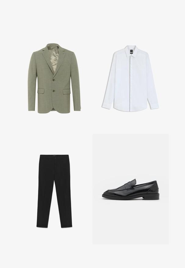Lichtgroene blazer met een gematteerde afwerking, enkelgebreid ontwerp, twee voorzakken en een satijnen binnenvoering. Voorzien van twee knopen.; Wit overhemd met lange mouwen, gemaakt van soepele katoen. Heeft een klassieke kraag, een knopenlijst en getailleerde manchetten. Minimalistisch ontwerp, zonder patronen.; Zwarte broek van gladde stof, met een slim-fit, een platte voorkant, twee zijzakken en een knoopsluiting in de taille.; Zwarte leren instappers met een gladde afwerking, voorzien van een ronde neus en een smalle band over de bovenkant. Lage gestapelde hak.