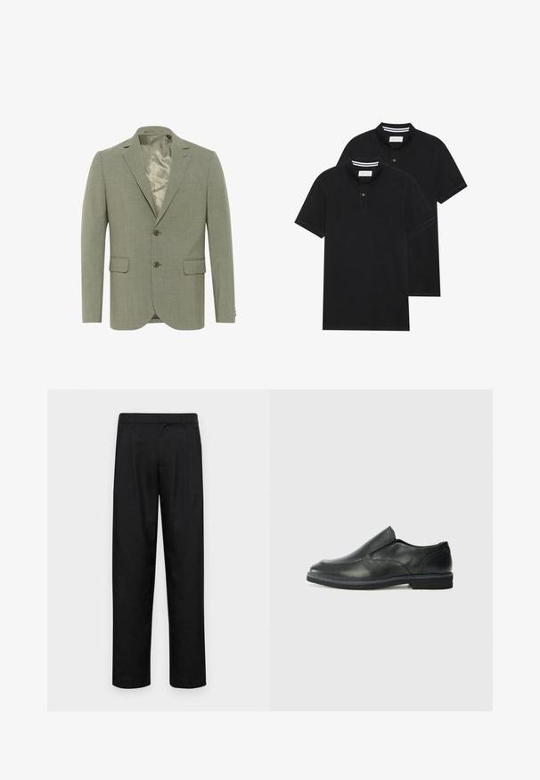 Svetlozelený blejzer s textúrovaným povrchom, jednoradový dizajn, dve predné vrecká a saténová podšívka. Obsahuje dva gombíky.; Dvé čierne polo tričká, krátke rukávy, vyrobené z bavlny, s klasickým golierom, dvojitým gombíkom a bielymi pruhmi vo vnútri goliera.; Čierne nohavice vyrobené z hladkej tkaniny, s rovnými nohavicami, dvoma prednými skladmi a štandardným pásom s pútkami na opasok.; Čierny kožený nazúvací topánka s hladkým zvrškom, prešitými akcentmi, zaoblenou špičkou a nízkym gumovým podpätkom. Podošva má minimálny dezén.
