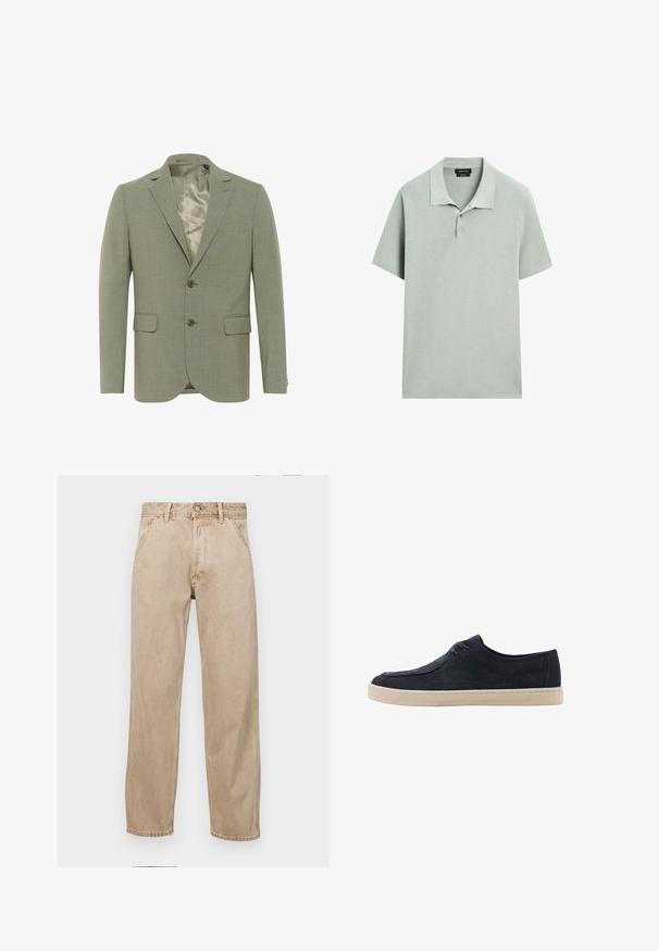 Jasnozielona marynarka o fakturowanym wykończeniu, jednorzędowa, z dwoma przednimi kieszeniami i satynową podszewką. Posiada dwa guziki.; Koszulka polo w jasnym zielonym kolorze, krótki rękaw, miękka tekstura materiału, kołnierzyk z trzema guzikami, minimalistyczny design, bez widocznych wzorów.; Beżowe dżinsy o prostym kroju, z przednimi kieszeniami, metalowym zapięciem na guzik i delikatną teksturą.; Granatowe zamszowe buty o okrągłym nosku, z dwiema oczkami na sznurówki i kremową gumową podeszwą. Gładka tekstura i minimalistyczny design.