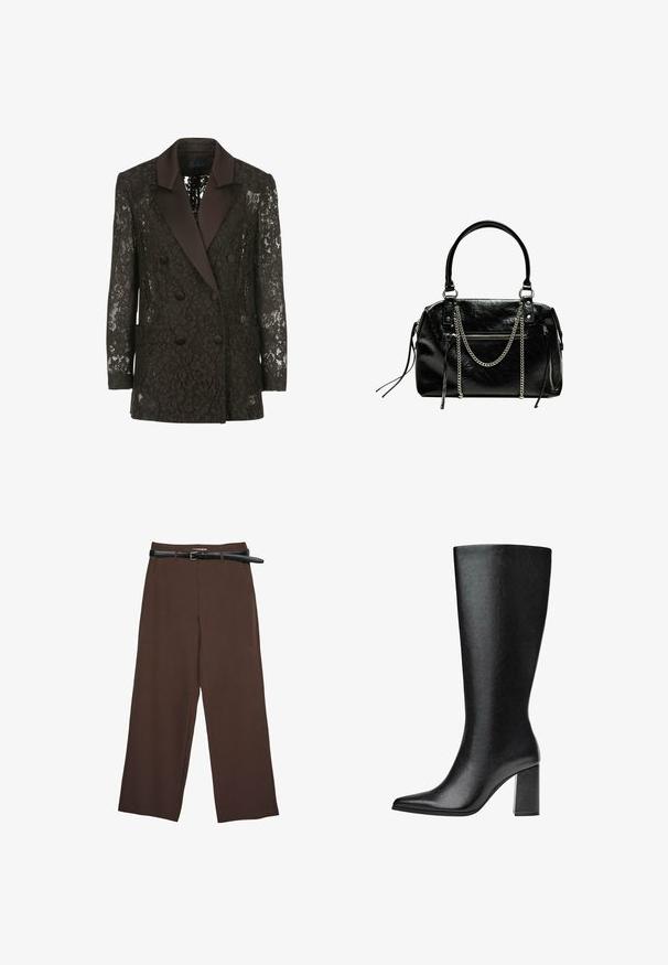 Čierny čipkový blejzer s saténovým šálovým golierom, dvojradovým zapínaním na gombíky a dvoma náprsními vreckami, zdobený kvetinovými vzormi.; Top s odhalenými ramenami, tmavo hnedý, z priliehavého úpletu. Má dlhé rukávy a skrátený strih s hladkou textúrou.; Hnedé široké nohavice s hladkým povrchom, ktoré majú čierny opasok a upravený pás, poskytujúci štruktúrovaný strih.; Čierne vysoké čižmy po kolená vyrobené z umelej kože, s špicatou špičkou, hladkým povrchom a robustným blokovým podpätkom. Minimalistický design bez viditeľných akcentov.; Bershka WITH CHAIN - Kabelka - black