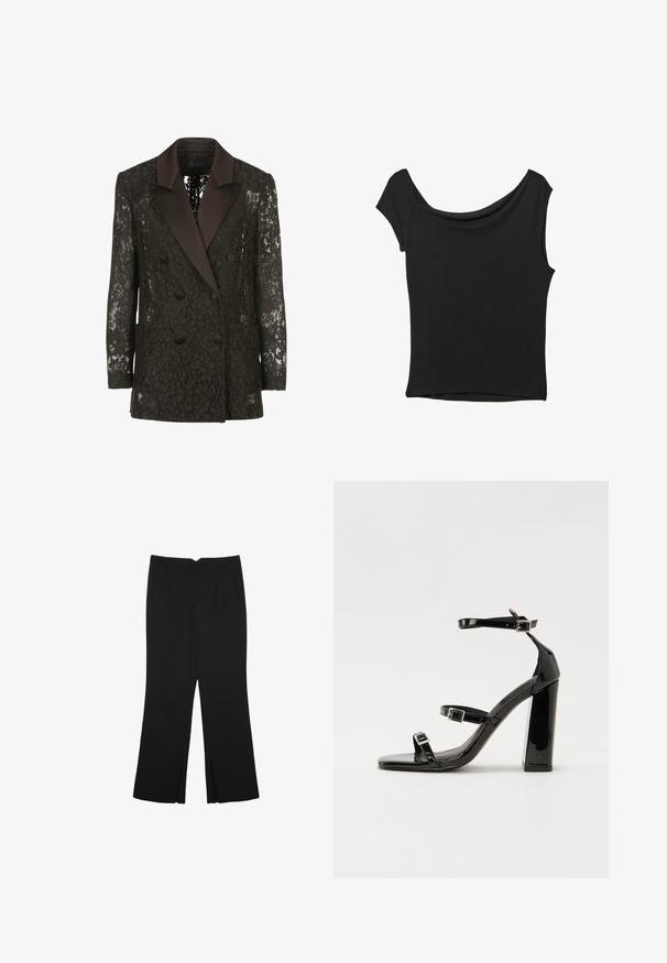 Černý krajkový blejzr s saténovým šálovým límcem, dvouřadým zapínáním na knoflíky a dvěma našitými kapsami, který zobrazuje květinové vzory.; Černý krátký rukáv top vyrobený z hladké látky; má drapovaný výstřih a asymetrický lem, s přiléhavým střihem.; Černé kalhoty s rovným střihem, s předními kapsami a bočními rozparky na lemu. Vyrobené z jemné, hladké tkaniny. Vhodné na různé příležitosti.; Černé lakované sandály na podpatku se čtveratou špičkou, lýtkovými pásky a stříbrnými přezkami. Disponují masivním blokovým podpatkem pro stabilitu.