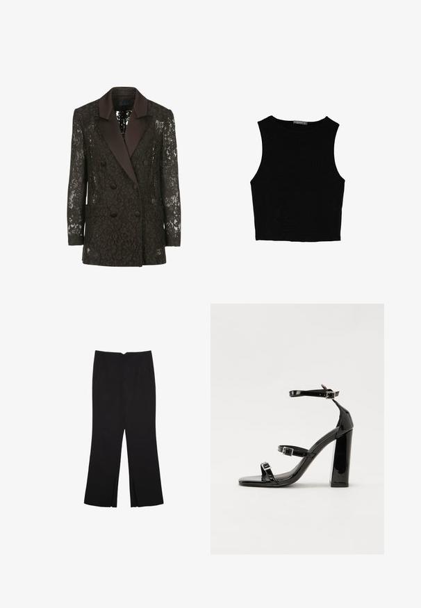 Svart spetsblazer med en satin sjalkrage, dubbelt knäppning fram med knappar och två påsydda fickor, som visar blommönster.; Svart ärmlös crop top i mjukt tyg, med rund hals och en ren, enkel design utan mönster eller detaljer.; Svarta byxor med rak passform, utrustade med framfickor och sidoklyvningar vid fållen. Tillverkade av mjukt, slätt tyg. Lämpliga för olika tillfällen.; Svarta lackerade klacksandaler med fyrkantig tå, ankelremmar och silverfärgade spännen. Har en kraftig blockklack för stabilitet.