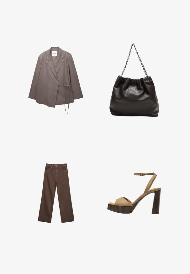 Tauf bojler za žene s dugim rukavima, rever-kragnom i bočnim vezanjem, izrađen od laganog materijala.; Tamno smeđi pleteni pulover s okruglim izrezom, spuštenim ramenima, rebrastim manžetama i rubom, karakteriziran mekim teksturom i opuštenim krojem.; Proširene smeđe traperice od denima, s visokim strukom, prednjim džepovima i klasičnom kopčom na dugme. Glatka tekstura s suptilnim šavovima.; Beige suedirane sandale s visokim potpeticama, širokom prednjom trakom i trakicom oko gležnja, s debelom drvenom blok-potpeticom s teksturiranim završetkom.; Smeđa kožna torba s naboranim vrhom i lančićem za nošenje. Glatka tekstura s sjajnim završetkom i suptilnim šavnim detaljima sa strane.