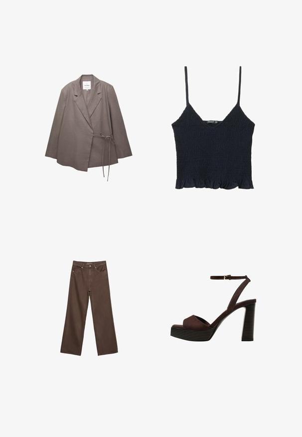 Taupe Damenblazer mit langen Ärmeln, Reverskragen und seitlichem Bindegürtel, aus leichtem Stoff gefertigt.; Marineblaues, gerafftes Crop-Top mit dünnen, verstellbaren Trägern und einem gefransten Saum. Hergestellt aus leichtem Stoff mit einer strukturierten Oberfläche.; Weite braune Jeans aus Denim, mit hoher Taille, Fronttaschen und klassischem Knopfverschluss. Glatte Textur mit feinen Nähten.; Braune Wildleder-Pumps mit offenem Zeh, verstellbarem Knöchelriemen und gestreiftem Plateausohlen.