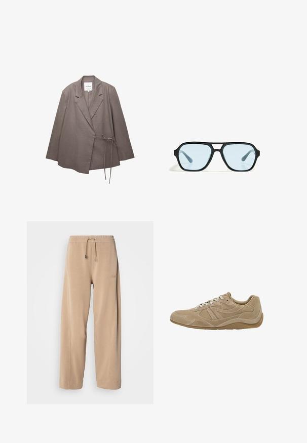 Taupe kvinders blazer med lange ærmer, almindelig krave og sidebåndlukning, lavet af letvægtsstof.; Hvid langærmet t-shirt lavet af blød bomuld, med rund halsudskæring og drop-shoulder design, med en afslappet pasform og uden synlige mønstre.; Beige, brede bukser lavet af blødt stof med elastisk talje og snoretræk. Har diskret branding på siden og sidelommer.; Beige ruskinds sneaker med lav profil, tekstureret overflade og hvide snørebånd. Har et buet design og en gummisål for godt greb.; Sorte solbriller med rektangulære rammer, blåtonede linser og et karakteristisk brodesign. Slank finish, afdæmpet tekstur.; Tan lædertaske med dobbelte håndtag og en aftagelig skulderrem. Har en guld-tone lås og tekstureret overflade.