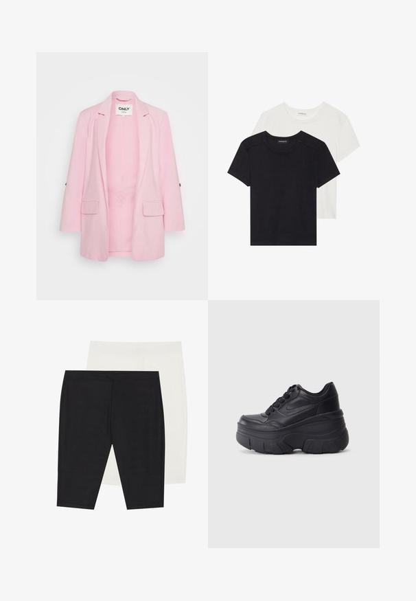 Lys rosa blazer laget av myk stoff, med spitskrage, to frontlommer og knappdetaljer på ermene. Enkelt design.; To t-skjorter med korte ermer i svart og hvitt. Laget av myk bomull, med rund hals og standard passform med minimale sømdetaljer.; To par med tights: en i ribbestrikket svart stoff, den andre i glatt hvitt. Begge har elastisk midje og sømløst design.; Sorte snøresko med tykk såle, med et glatt læroverdel, rund tå og distinkt lagdelt plattformdesign.