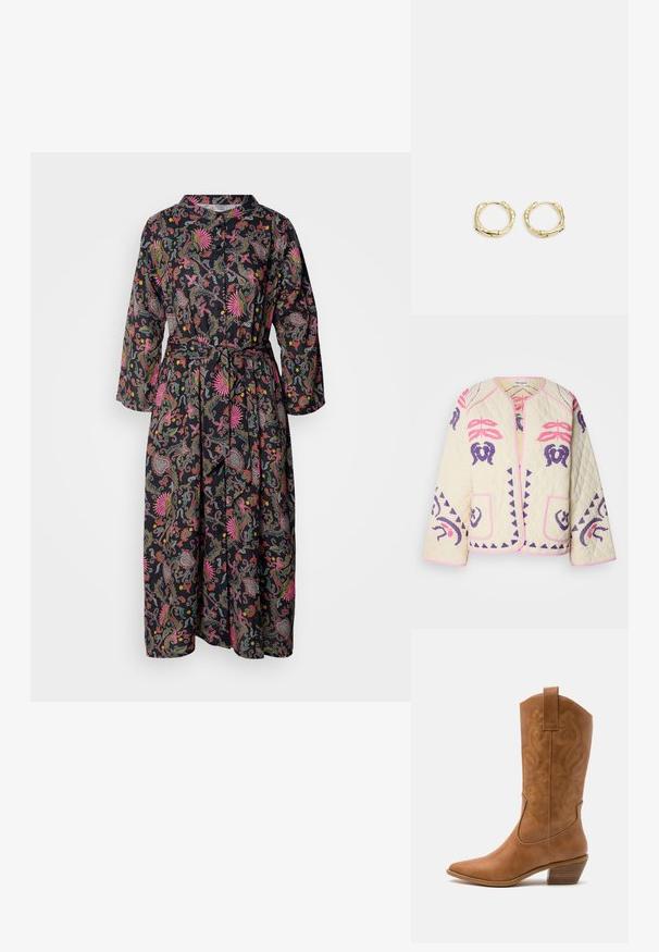 Tkanina jakna v kremni barvi z vdelanimi rožnatimi in vijoličnimi vzorci, ki ima dva sprednja žepa in okroglo ovratnico z rožnatim robom.; Cvečni vzorec v črni barvi, obleka z dolgimi rokavi, gumbom spredaj in usklajenim pasom. Tkanina ima gladko teksturo z živahnimi barvami.; Rjavi usnjeni kauboj čevlji s koničastim nosom, vezenimi vijugastimi vzorci na zgornjem delu in zloženim kvadratnim peto. Imajo zanko za enostavno obuvanje.; Zlate obročaste uhane z teksturirano, nepravilno obliko. Imajo brezšivno zapiranje in poliširano površinsko obdelavo, kar poudarja sodoben dizajn.