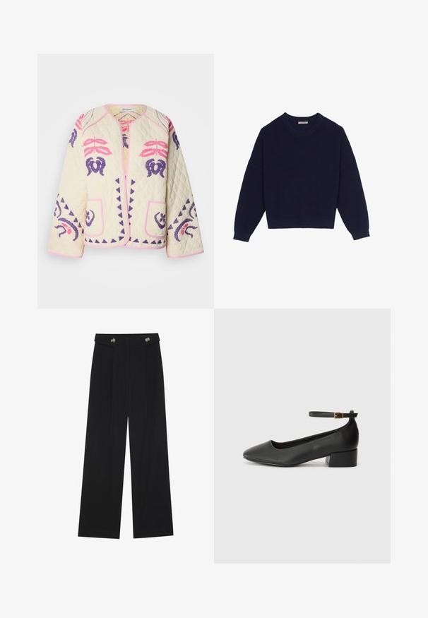 Quiltet jakke i krem med rosa og lilla broderte mønstre, med to frontlommer og rund hals med rosa piping.; Mørkeblå strikkegenser med ribbestruktur, rund halslinning, senket skuldersøm og kortere nederkant. Myk stoff med lange ermer.; Svart vide bukser med høy midje, knappdetaljer på midjebåndet og frontplisser.; Sorte skinnpumper med spiss tå og lav blokkhelt. Har ankelrem med gullfarget spenne. Glatt tekstur.